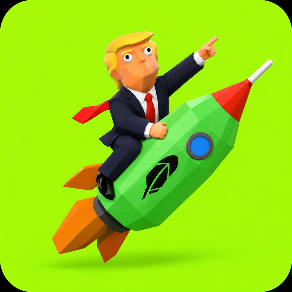 Tremp riding a green rocket with the Robinhood logo