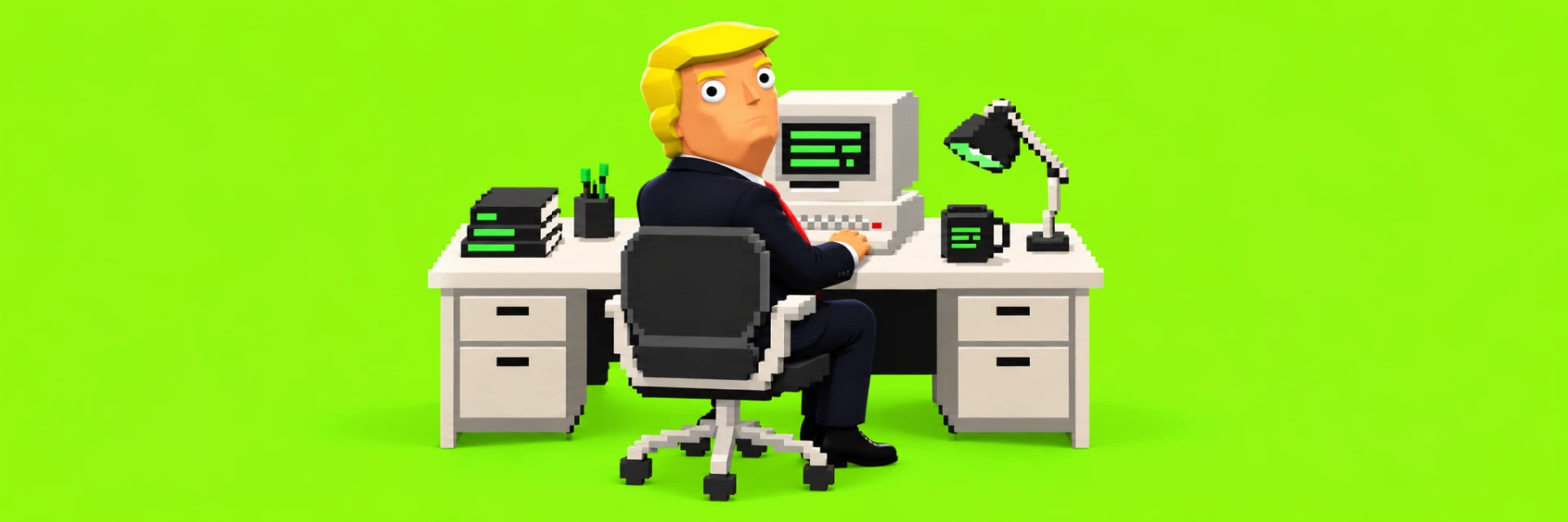 Donuld Tremp at a blocky office desk with a green terminal
