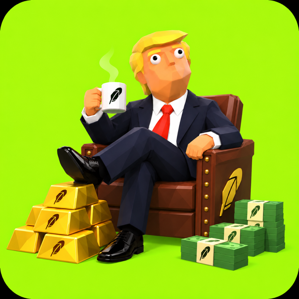 Tremp relaxing on a Robinhood throne with gold bars and cash