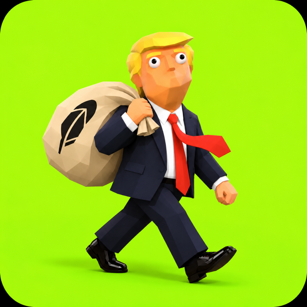 Tremp walking with a giant bag of money